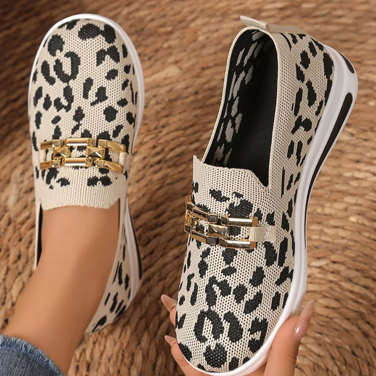 Leopard Round Toe Slip-Ons in Red Leopard Print for Women