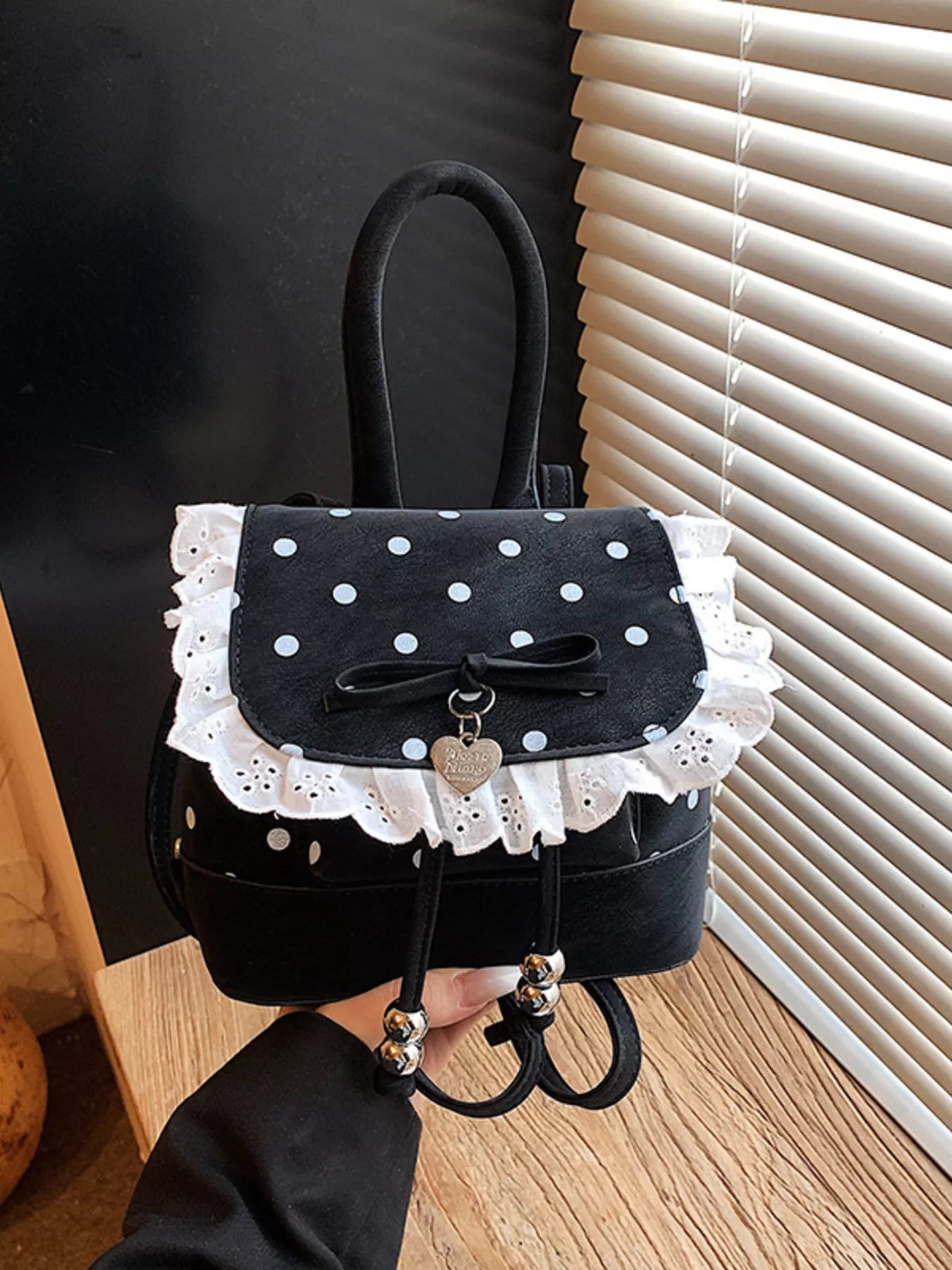 Polka Dot Lace Trim Backpack Bag in Black in Cream White for Women