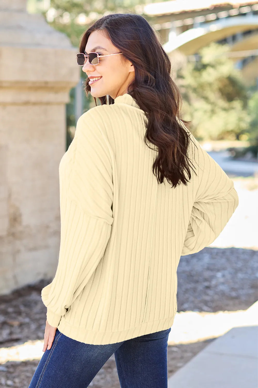 Plus Size Ribbed Exposed Seam Mock Neck Knit Top in Rust for Women