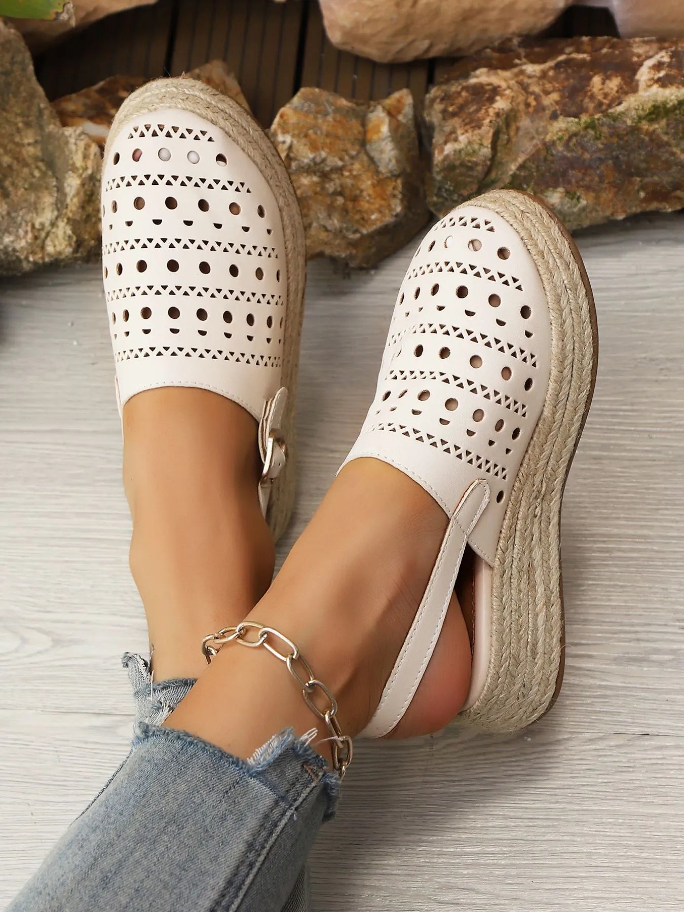 Hollow Out Platform Sandals in Beige for Women