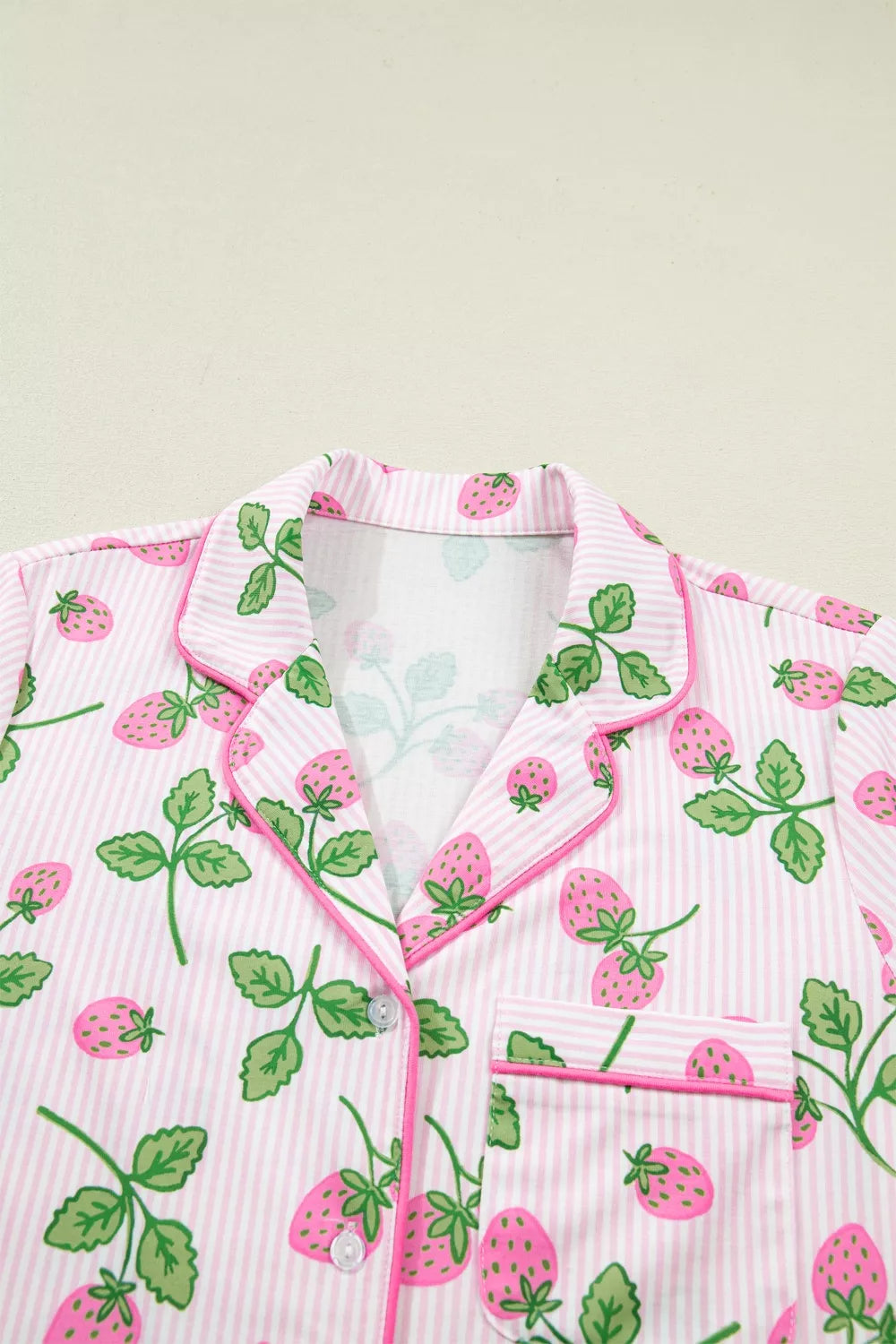 Striped Strawberry Print Lapel Shirt Drawstring Shorts Two-Piece Pajama Set for Women