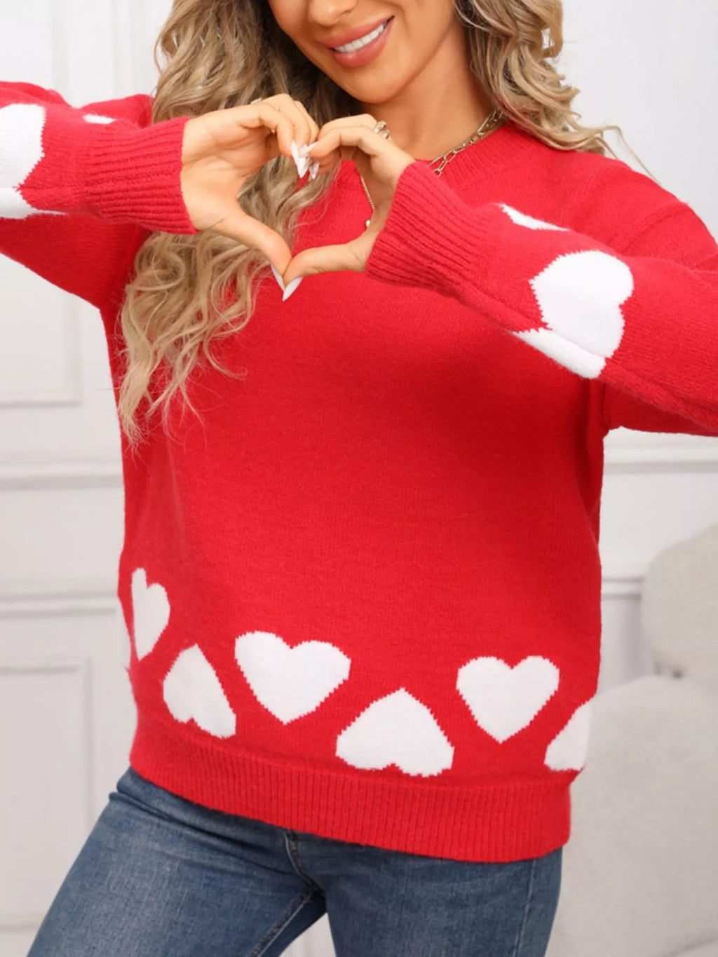 Valentines Day Heart Crew Neck Sweater in Red for Women