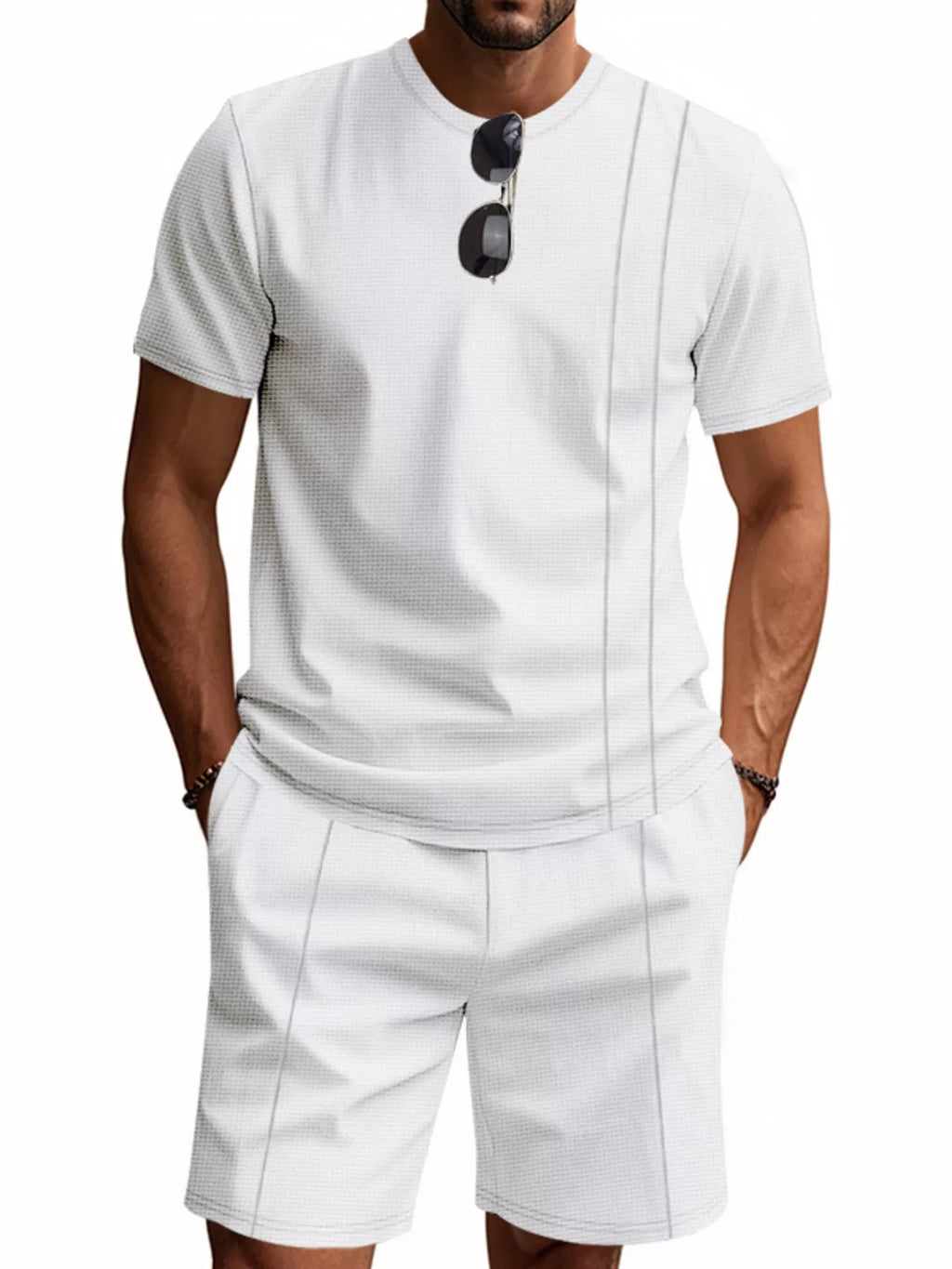 Casual Striped Short Sleeve T-Shirt and Shorts Set Plus Size in Light Gray for Men