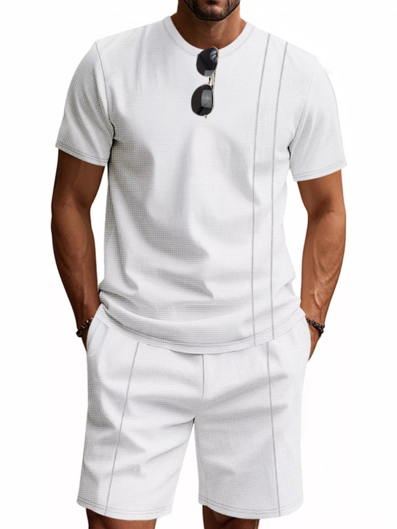 Casual Striped Short Sleeve T-Shirt and Shorts Set Plus Size in Light Gray for Men