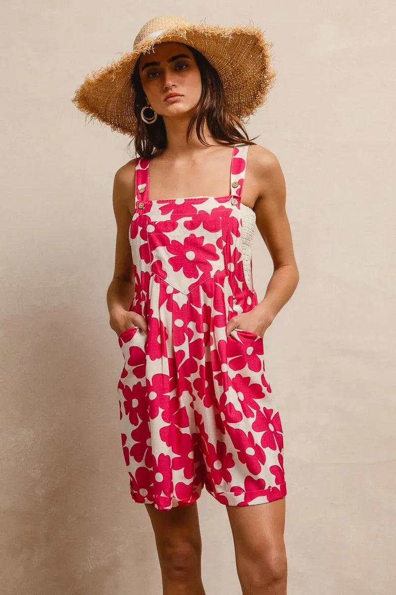 Floral Prints Tuck Detail Short Overall with Pockets for Women