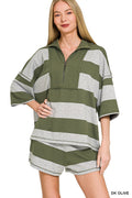 Frenchterry Striped Half Zip Top & Shorts Set in Dark Olive for Women