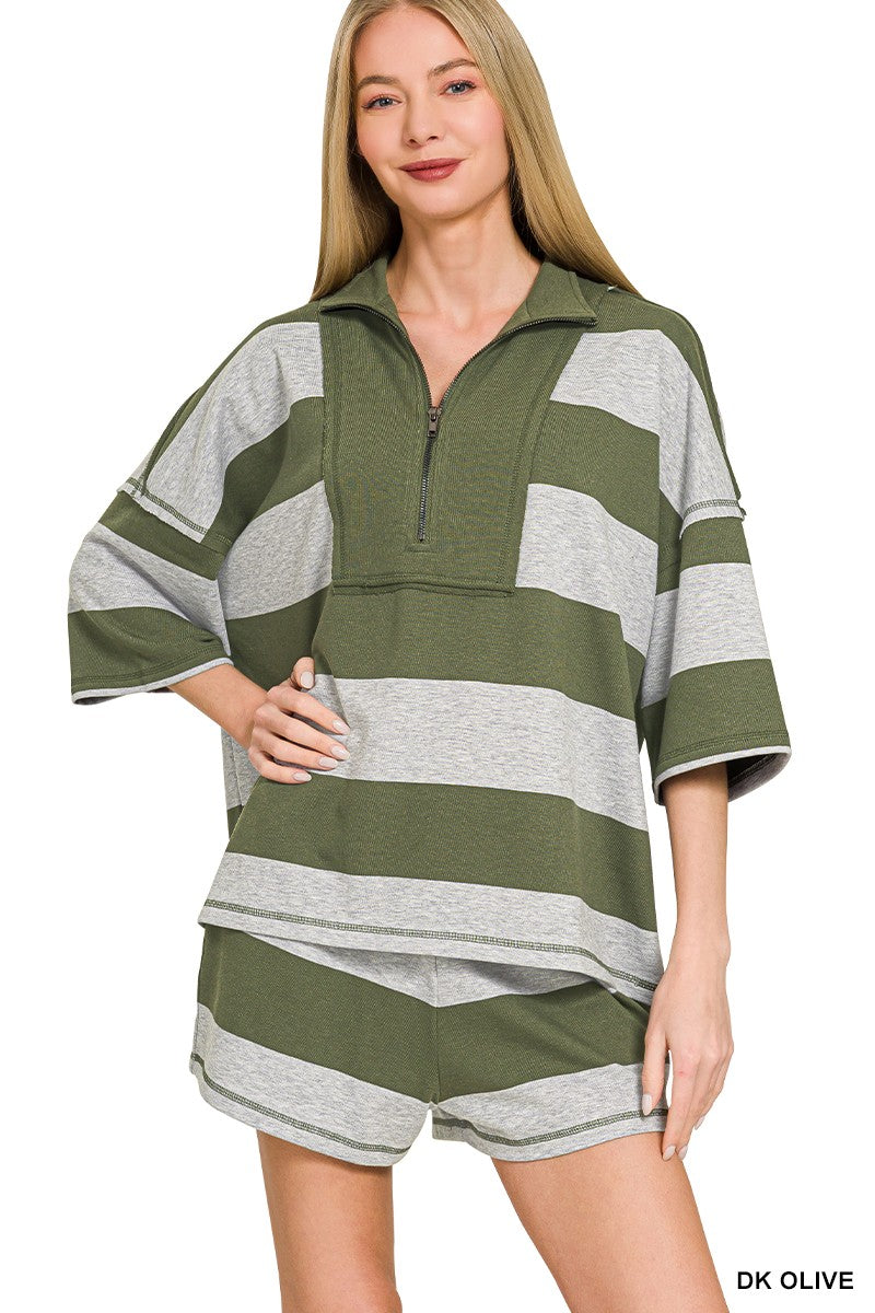 Frenchterry Striped Half Zip Top & Shorts Set in Dark Olive for Women