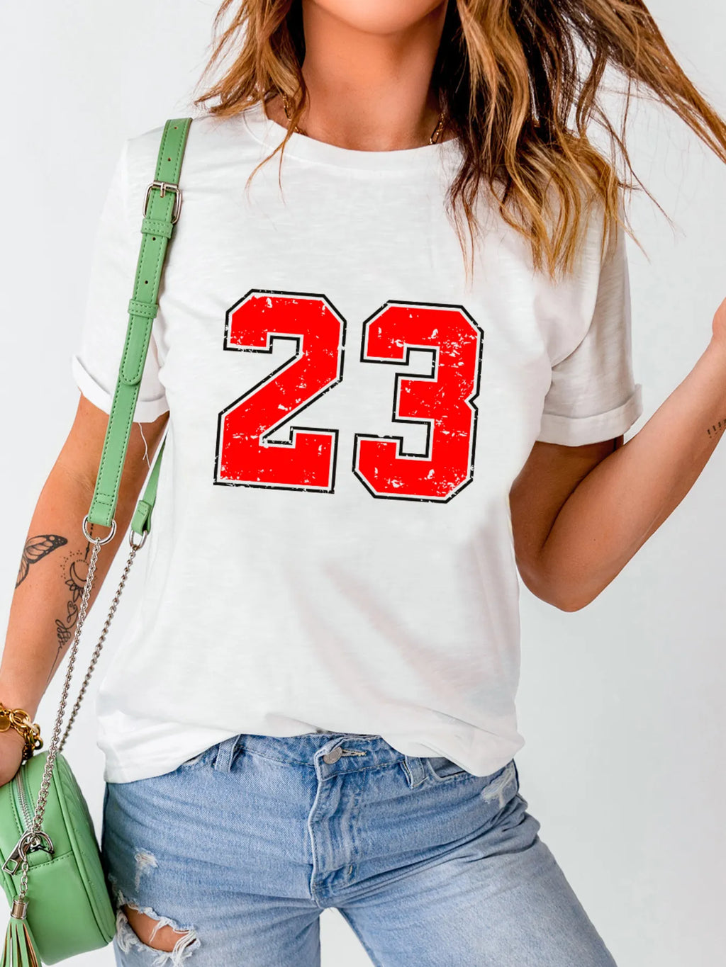 Number 23 Round Neck Casual T-Shirt in White for Women