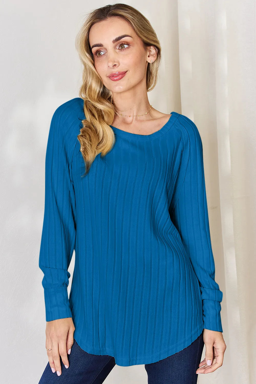 Plus Size Ribbed Round Neck Slit T-Shirt for Women