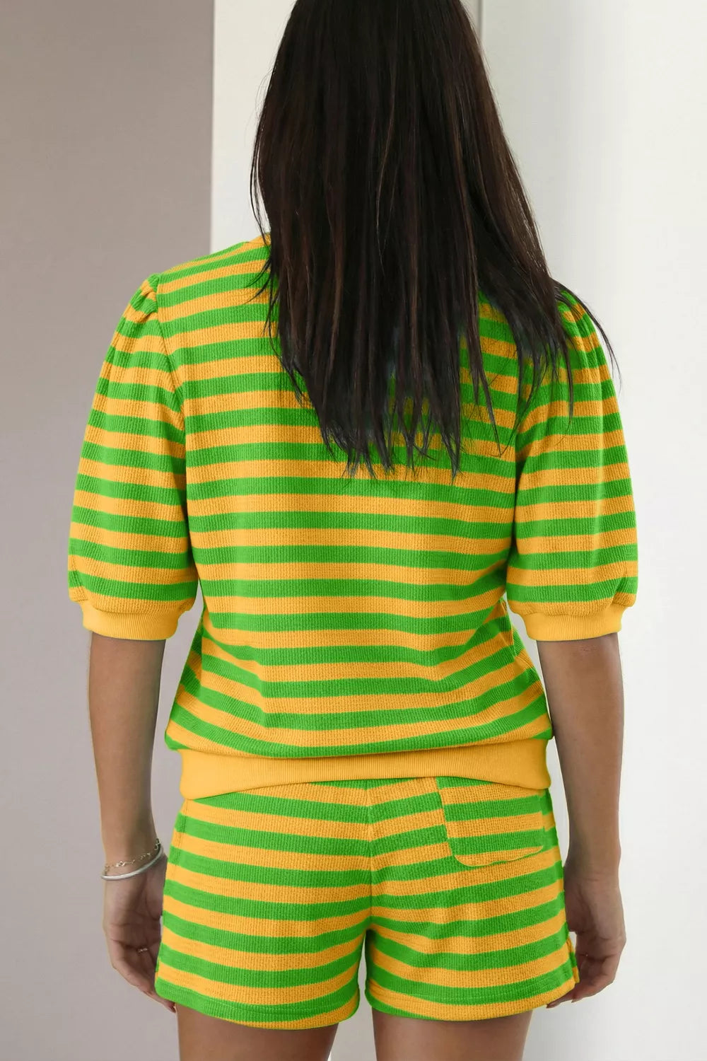 Striped Puff Sleeve Top and Drawstring Shorts Set in Chartreuse for Women