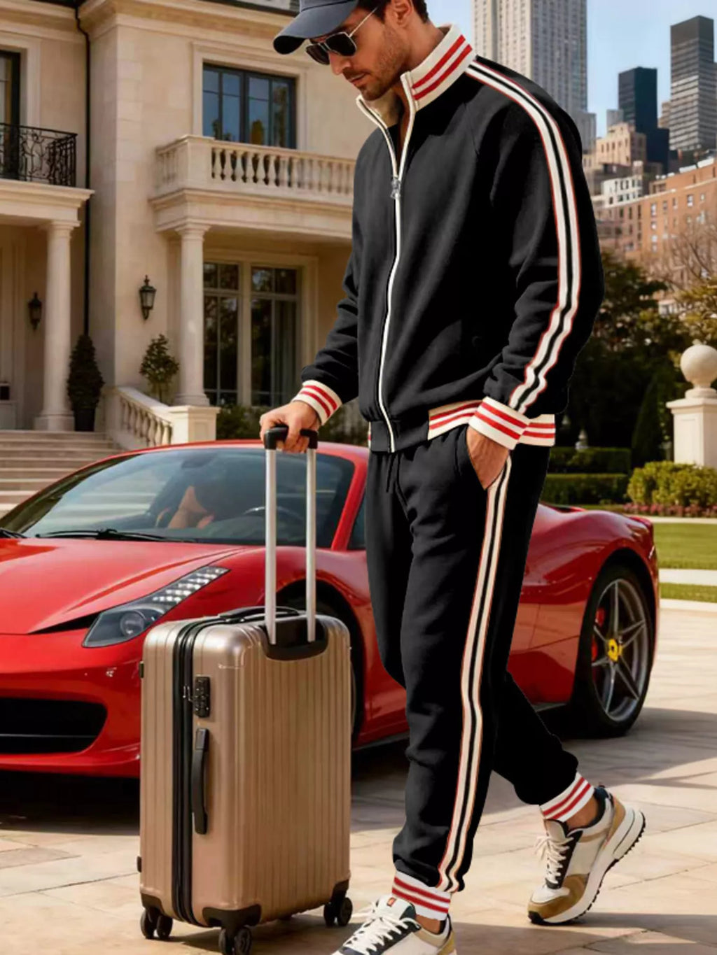 Striped Zip Up Outerwear and Pants Plus Size in Black for Men