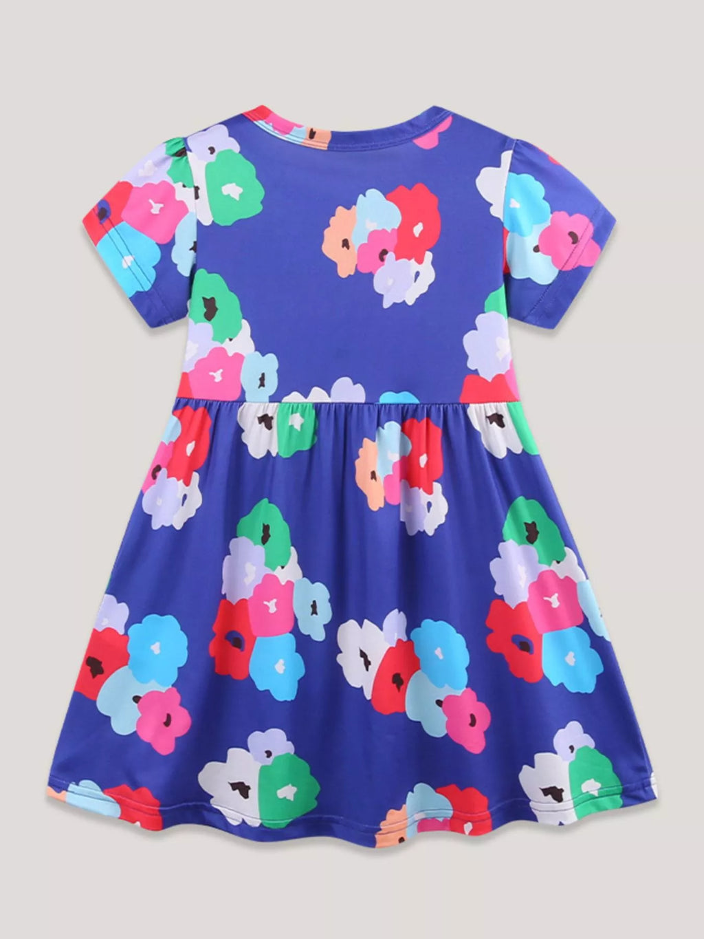 Floral Print Casual Short Sleeve Dress in Royal Blue for Girls
