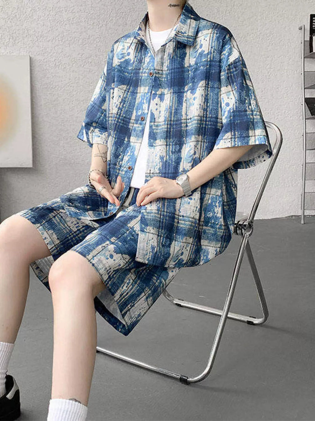 Plus Size Casual Plaid Print Shirt & Shorts Set in Purple for Men