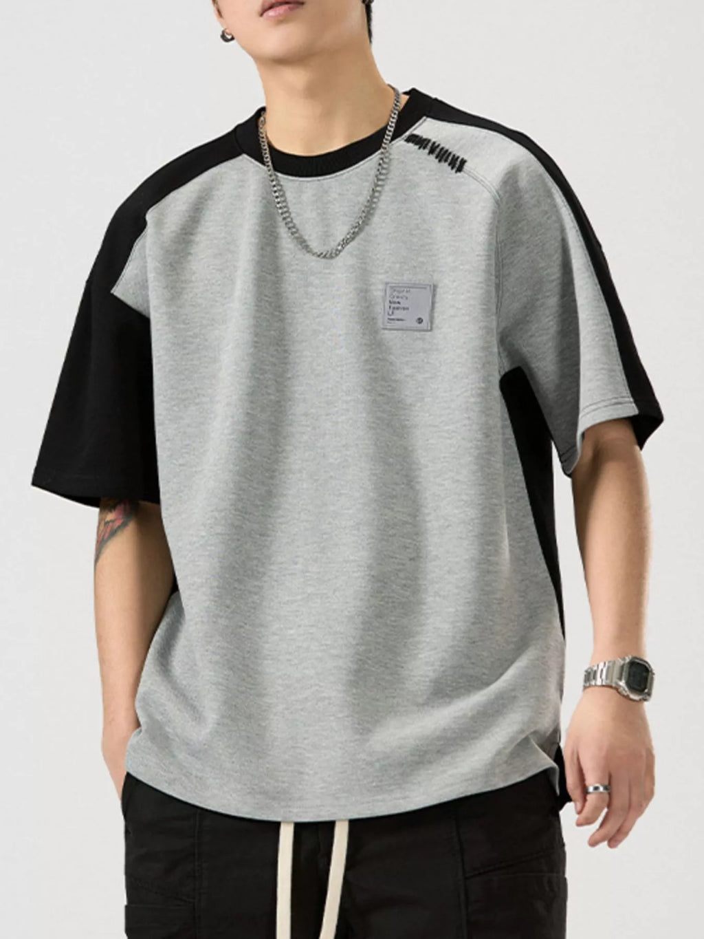 Contrast Round Neck Short Sleeve T-Shirt Plus Size in Black and White for Men