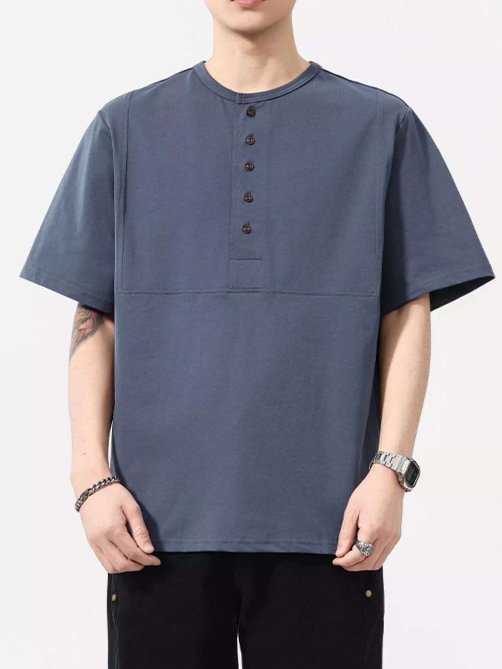 Plus Size Button Detail Short Sleeve T-Shirt in Dark Gray for Men