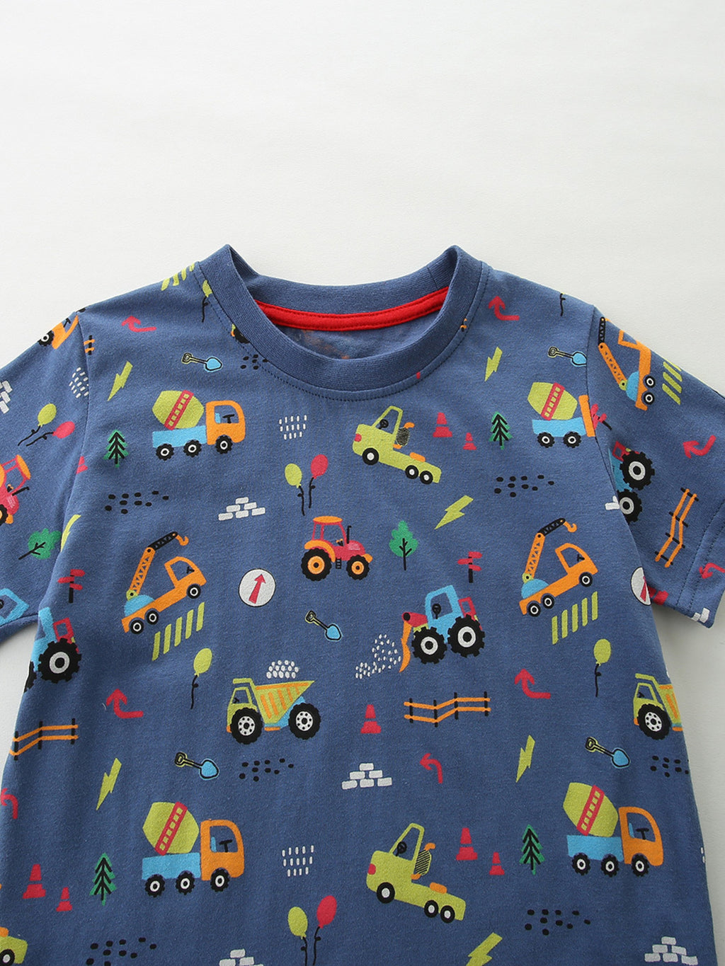 Construction Vehicle Print Short Sleeve T-Shirt in Dusty Blue for Boys