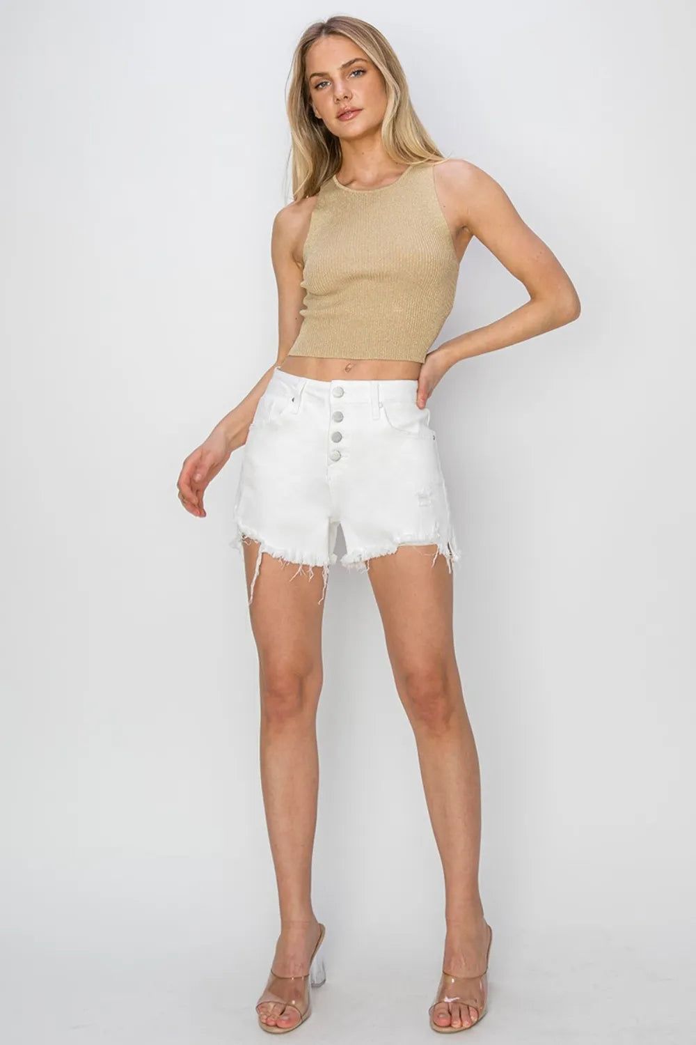 Button Fly Frayed Hem Denim Shorts for Women