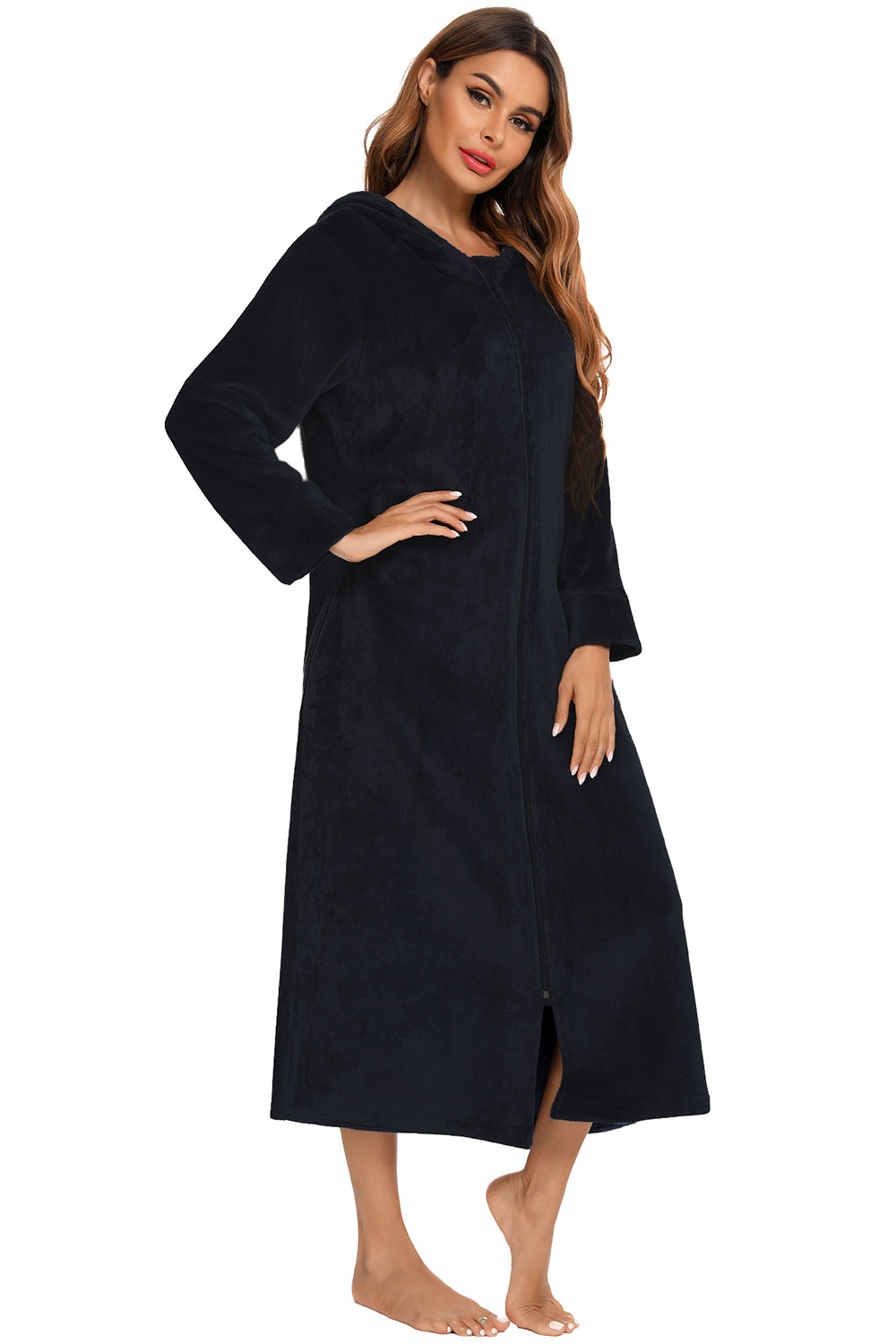 Zip Front Hooded Night Dress with Pockets in Black for Women