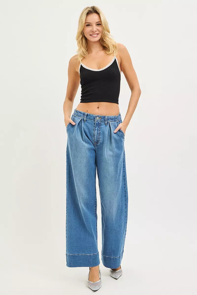 Slouchy Wide Leg Jeans with Pleats in Medium for Women