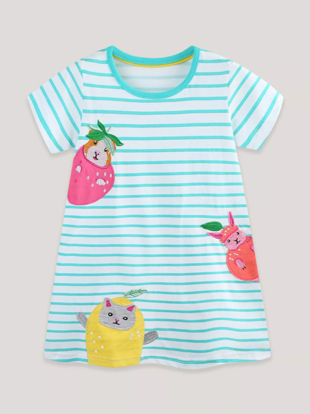 Animal Embroidered Striped Casual Dress in Mint Blue for Girls