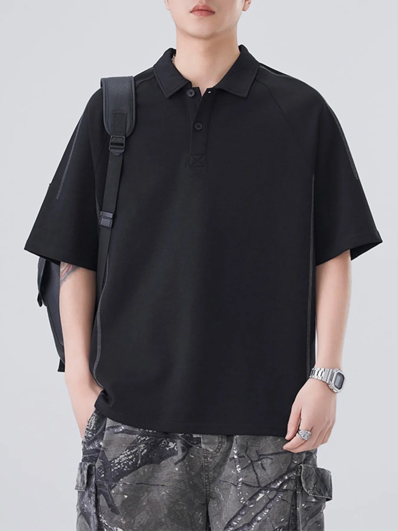Plus Size Button Detail Short Sleeve Polo in Classic in Black for Men