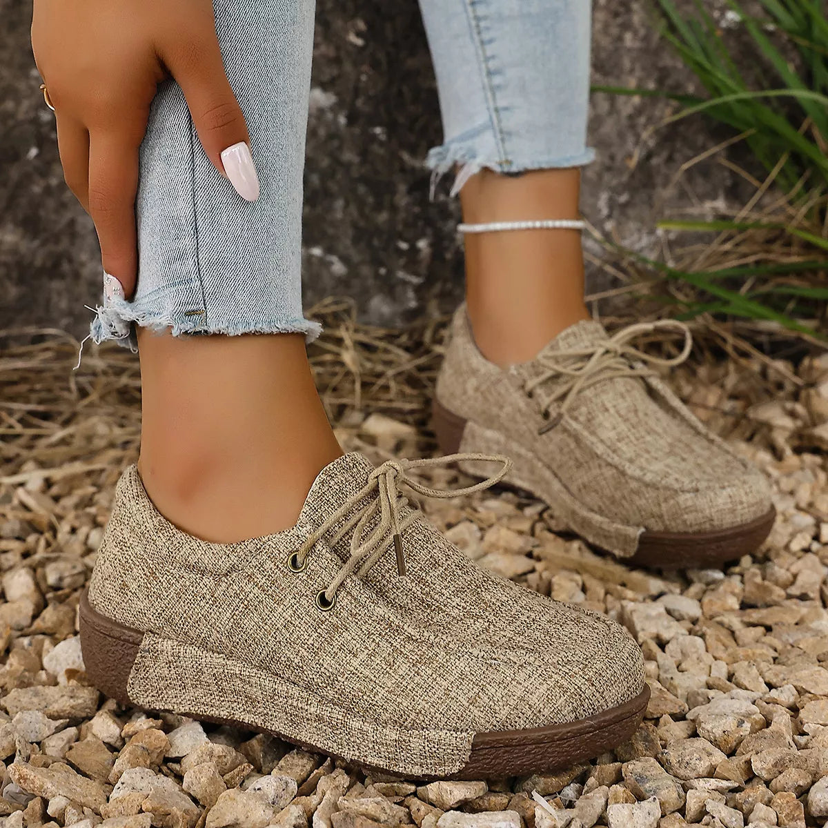 Round Toe Lace-Up Sneakers in Brown for Women