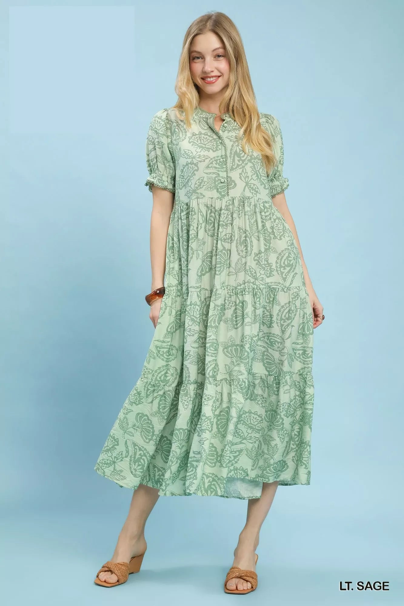 Paisley Print Tiered Midi Dress in Light Sage for Women