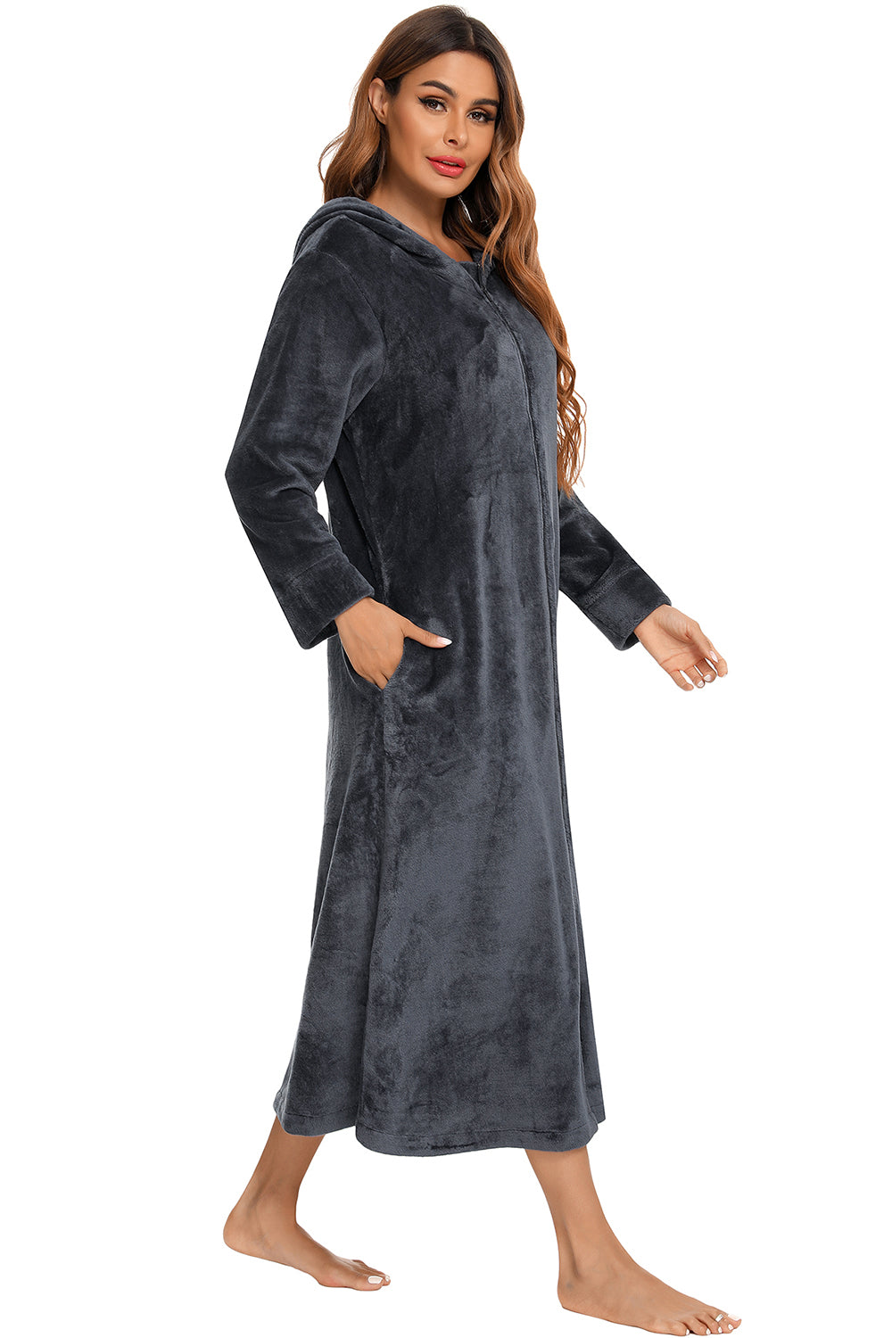 Zip Front Hooded Night Dress with Pockets in Black for Women