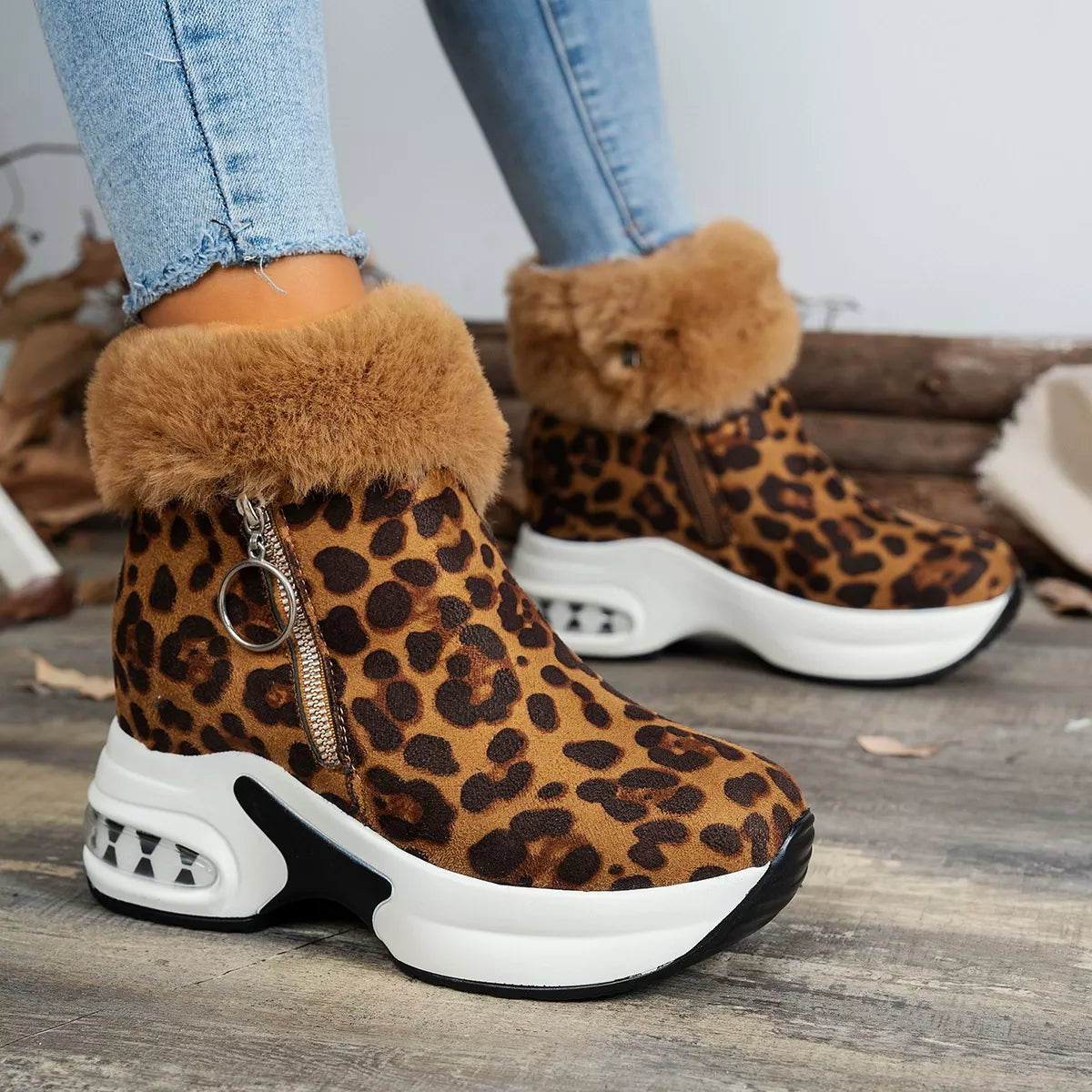 Fuzzy Side Zipper Platform Ankle Boots in Gray for Women