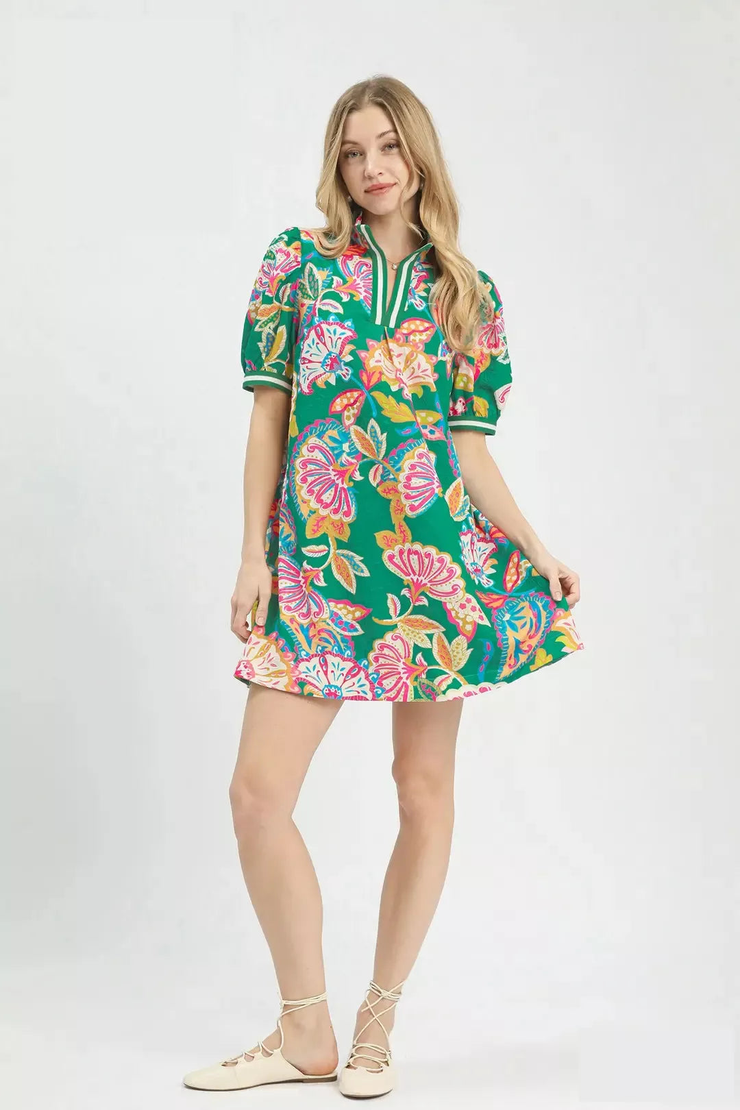 Jacquard Paisley Print Puff Sleeve Tunic Dress for Women