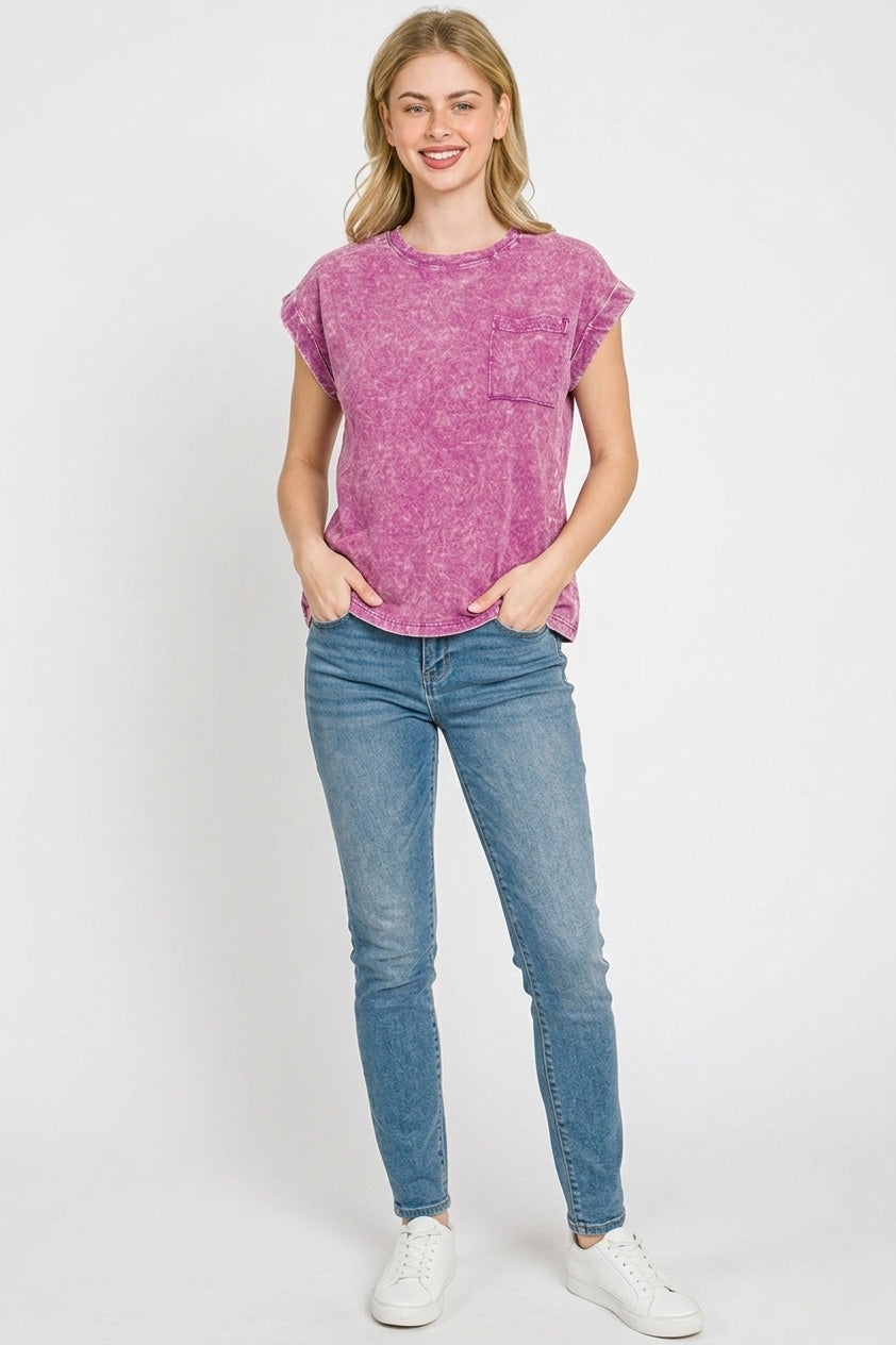 Crinkle Washed Round Neck Folded Short Sleeve Tee Plus Size in Light Plum for Women