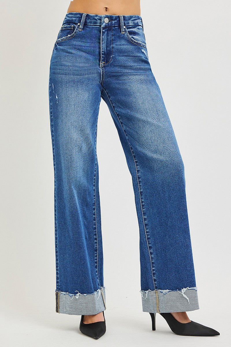 High Rise Wide Leg Jeans with Cuffed Hem in Medium for Women
