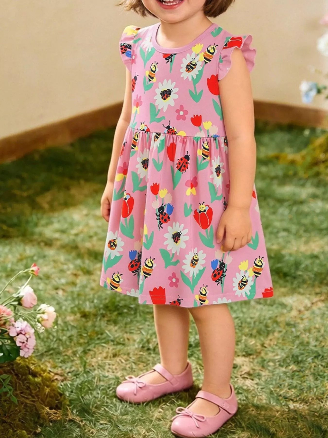 Floral & Insect Print Ruffle Sleeve Casual Dress in Multicolor for Girls