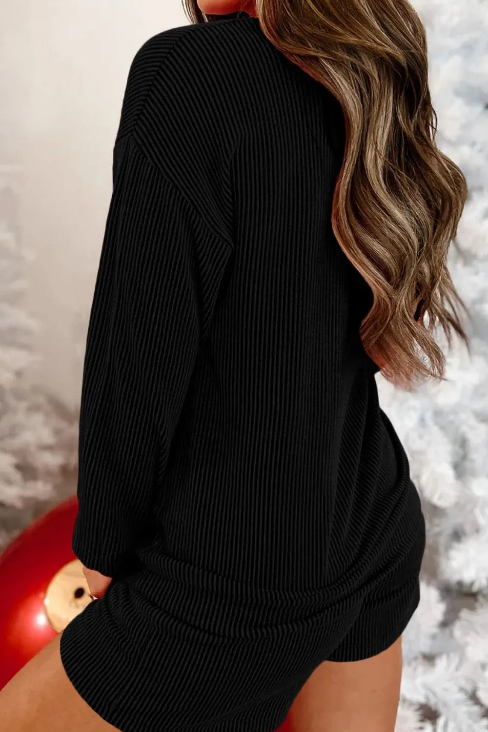 Merry Round Neck Long Sleeve Top and Shorts Lounge Set in Black for Women