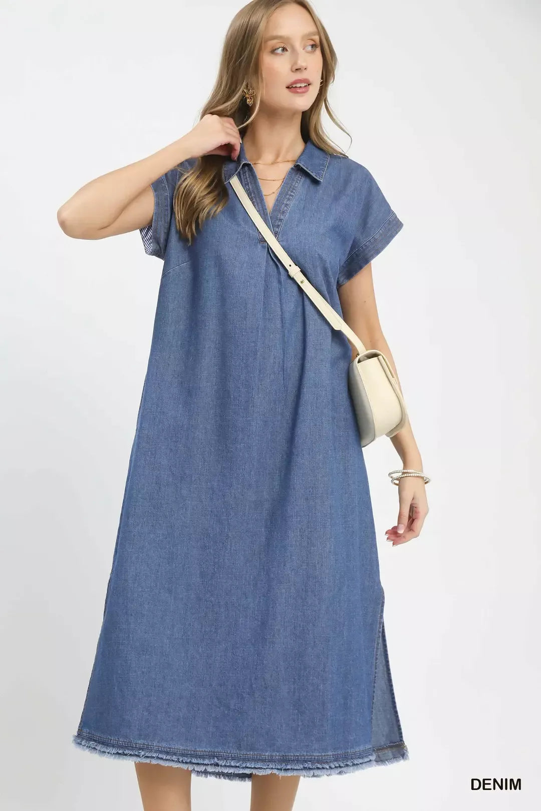 Stone Washed Collared Denim Midi Dress for Women