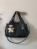 Leather Shoulder Bag with Bear Charm in Black for Women
