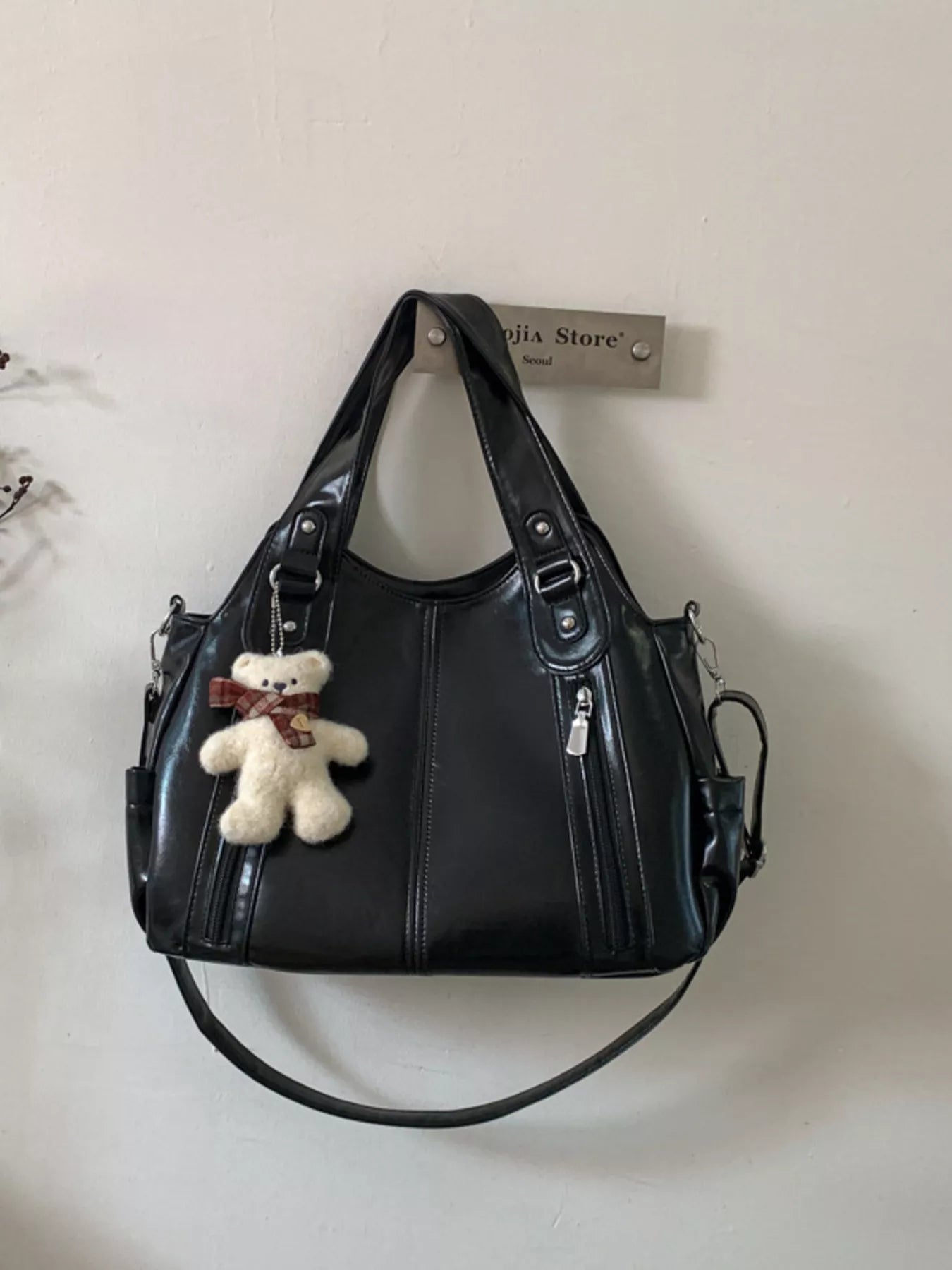 Leather Shoulder Bag with Bear Charm in Black for Women
