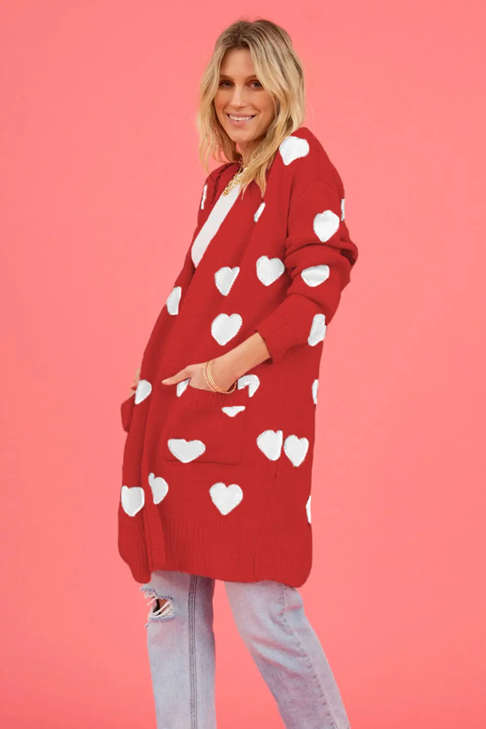 Heart Graphic Open Front Cardigan with Pockets in Red for Women