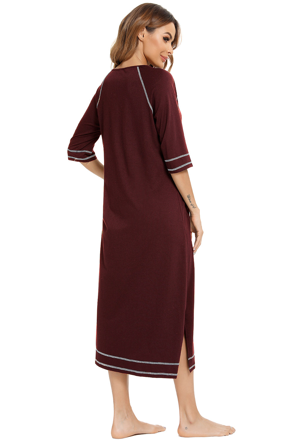 Zip Up Slit Round Neck Night Dress with Pockets in Blush Pink for Women