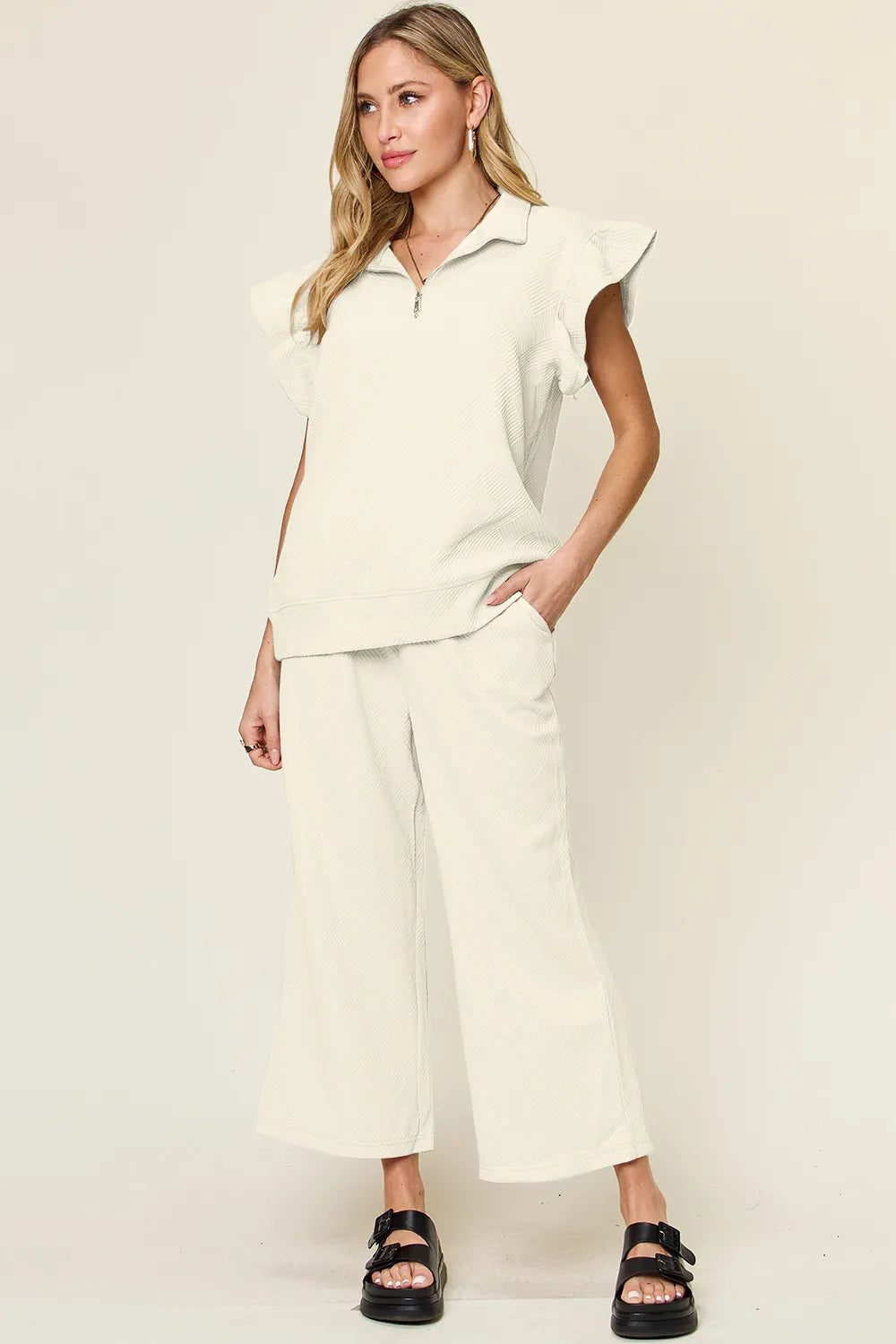 Texture Ruffle Short Sleeve Top and Drawstring Wide Leg Pants Set in Cerulean for Women