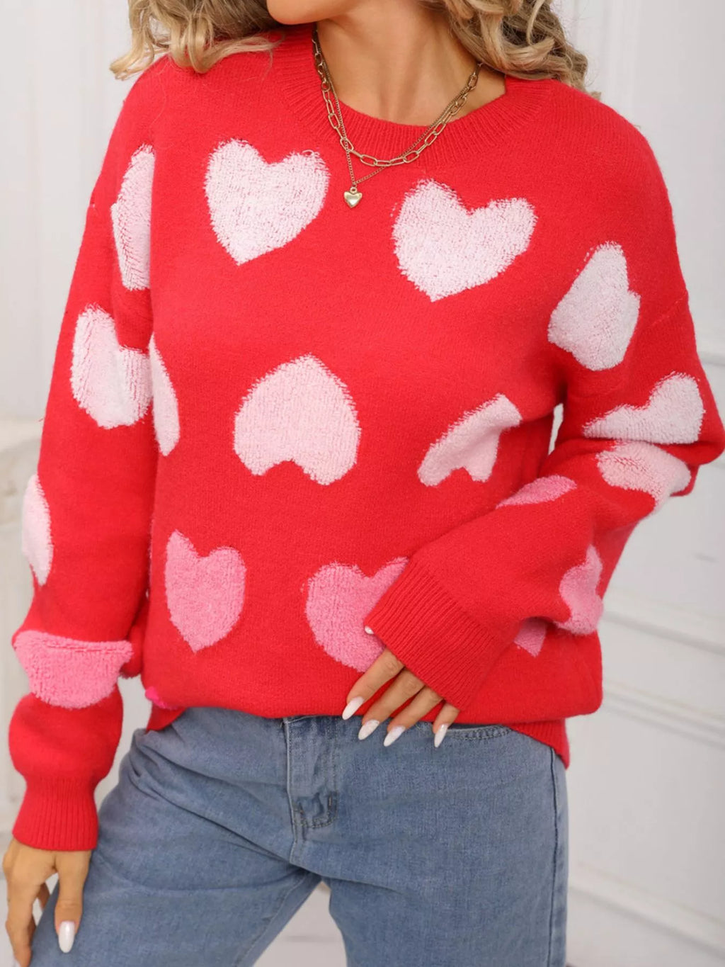 Valentines Day Heart Pattern Fuzzy Knit Sweater in Red for Women