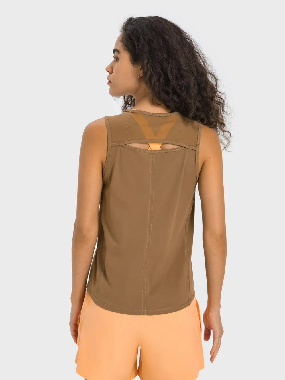 Cutout Back Round Neck Active Tank in Camel for Women