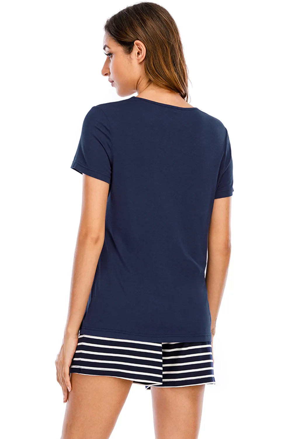 Graphic Round Neck Top and Striped Shorts Lounge Set in Dark Blue for Women
