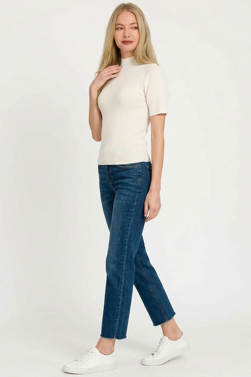 Viscose Ribbed Mock Neck Sweater in Ivory for Women