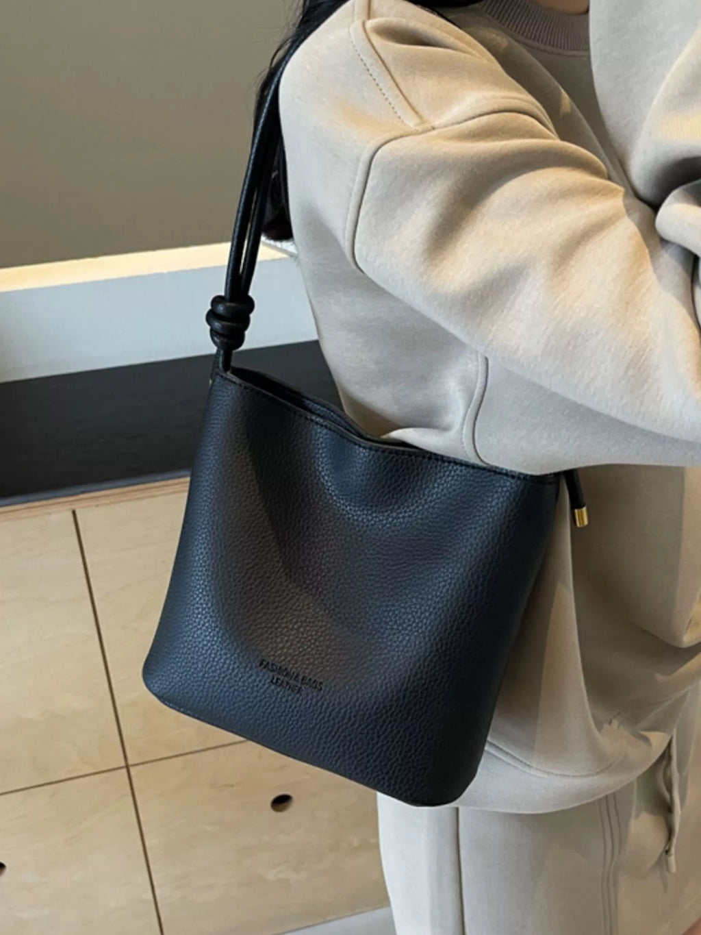 Leather Bucket Crossbody Bag in Black for Women
