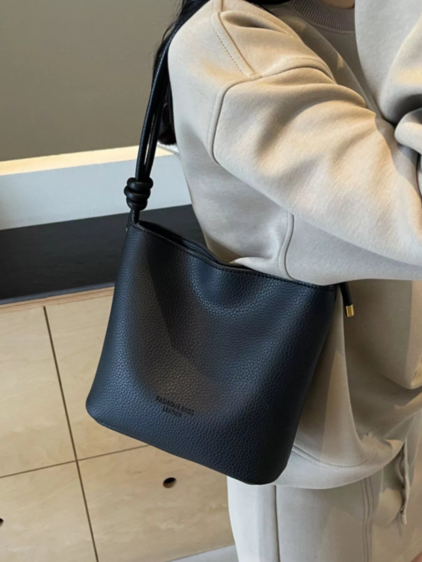 Leather Bucket Crossbody Bag in Black for Women