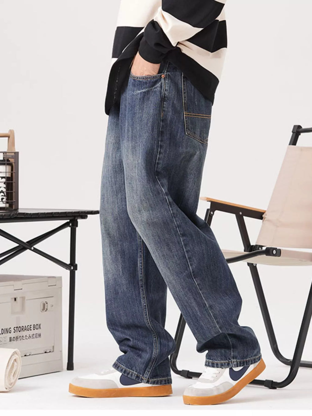 Vintage Wash Loose Fit Jeans in Dusty Blue for Men