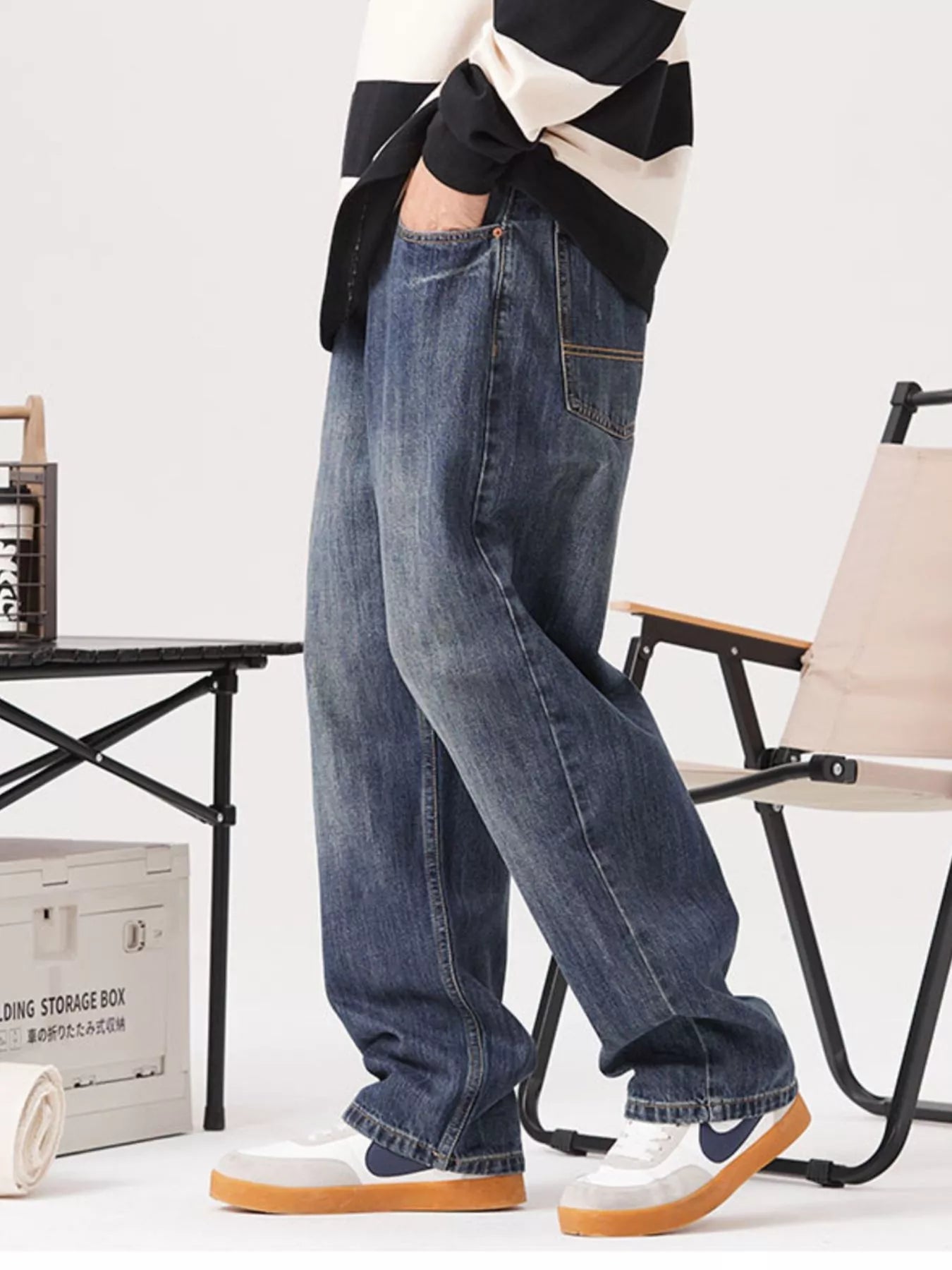 Vintage Wash Loose Fit Jeans in Dusty Blue for Men
