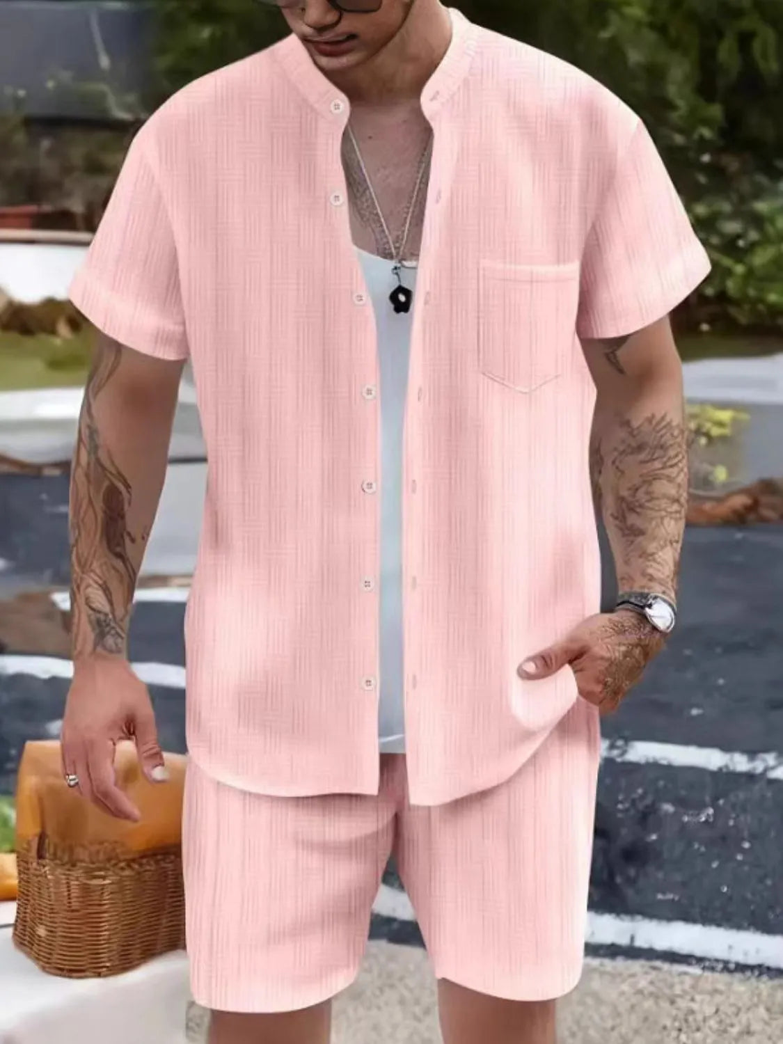 Button Up Short Sleeve Shirt and Shorts Set in Classic in White for Men