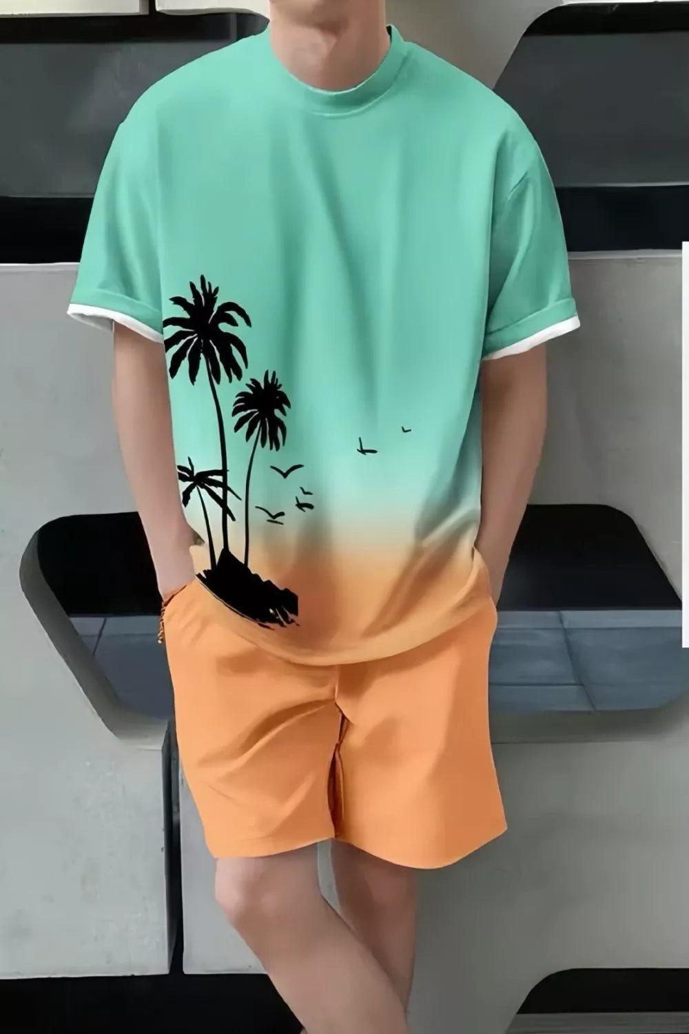 Tropical Print Casual Tee and Shorts Set Plus Size in Blue Purple for Men